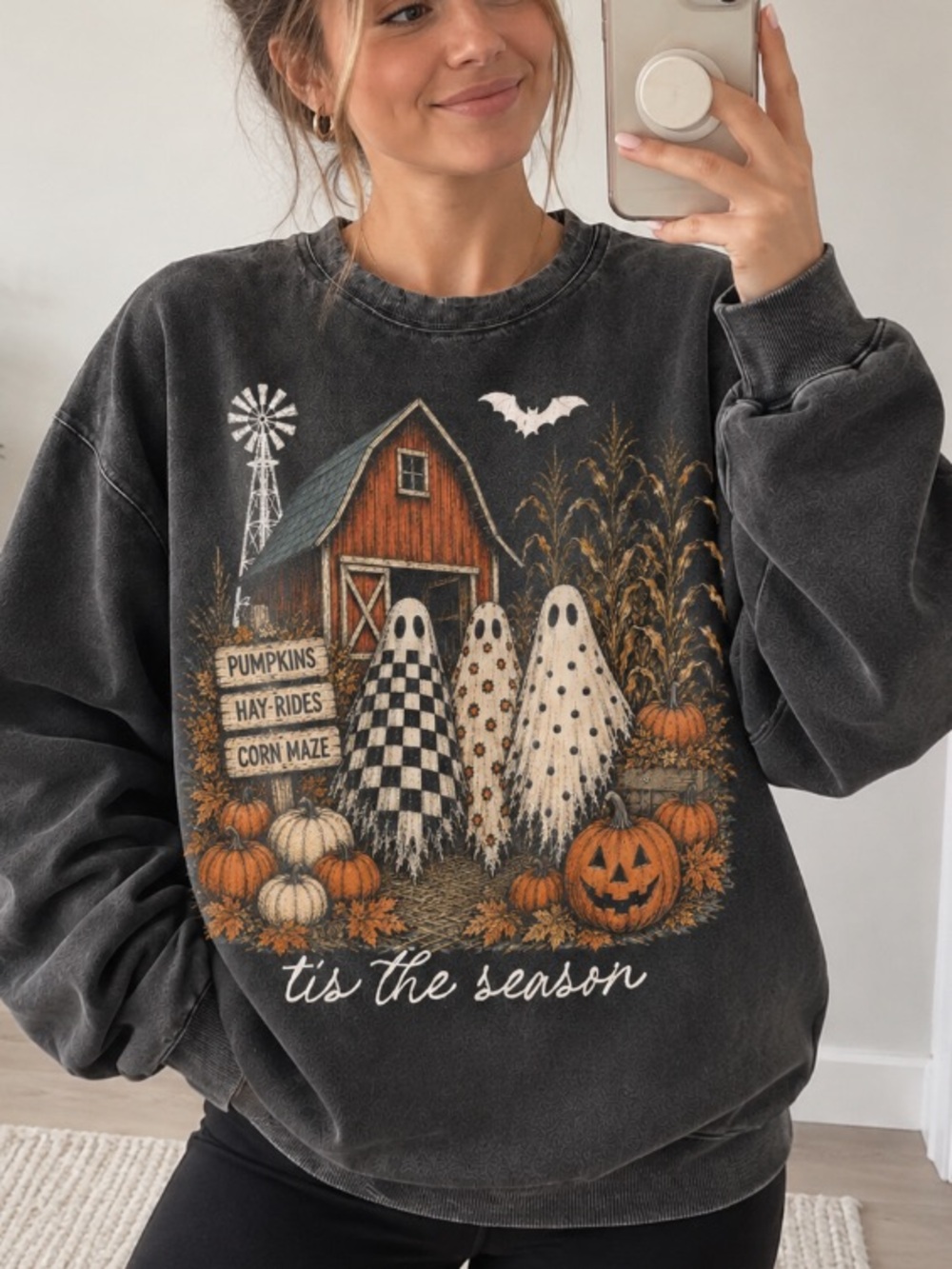 Tis The Season Ghost Trio Halloween Sweatshirt, Pumpkin Patch Ghosts Design - Picture 2 of 7